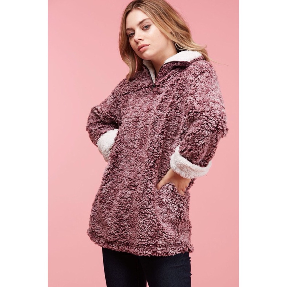 LAST ONE! Sherpa Pullover-BURGUNDY - Picture 2 of 2